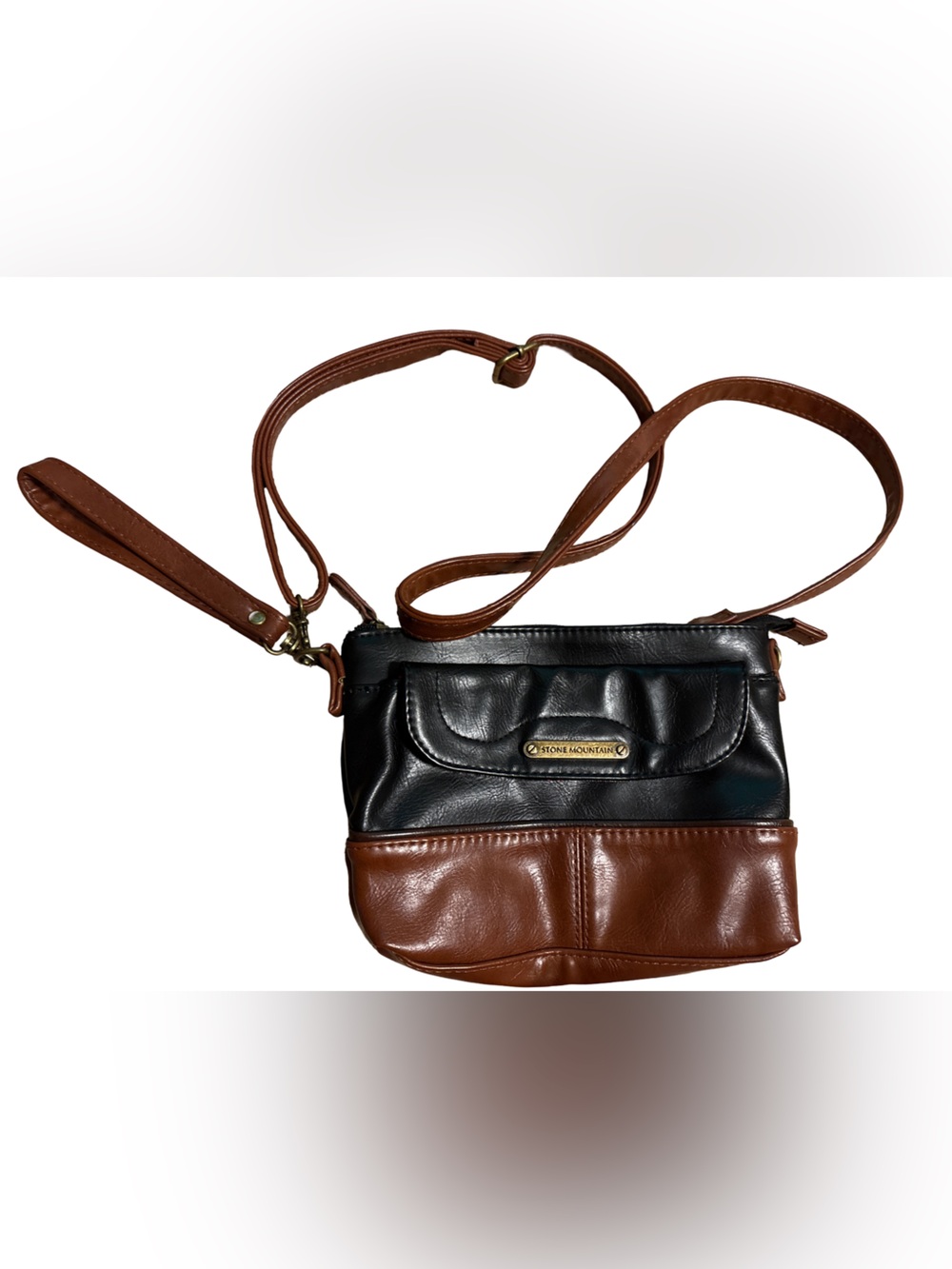 Stone Mountain Black & Brown Shoulder Bag with Brass Nameplate